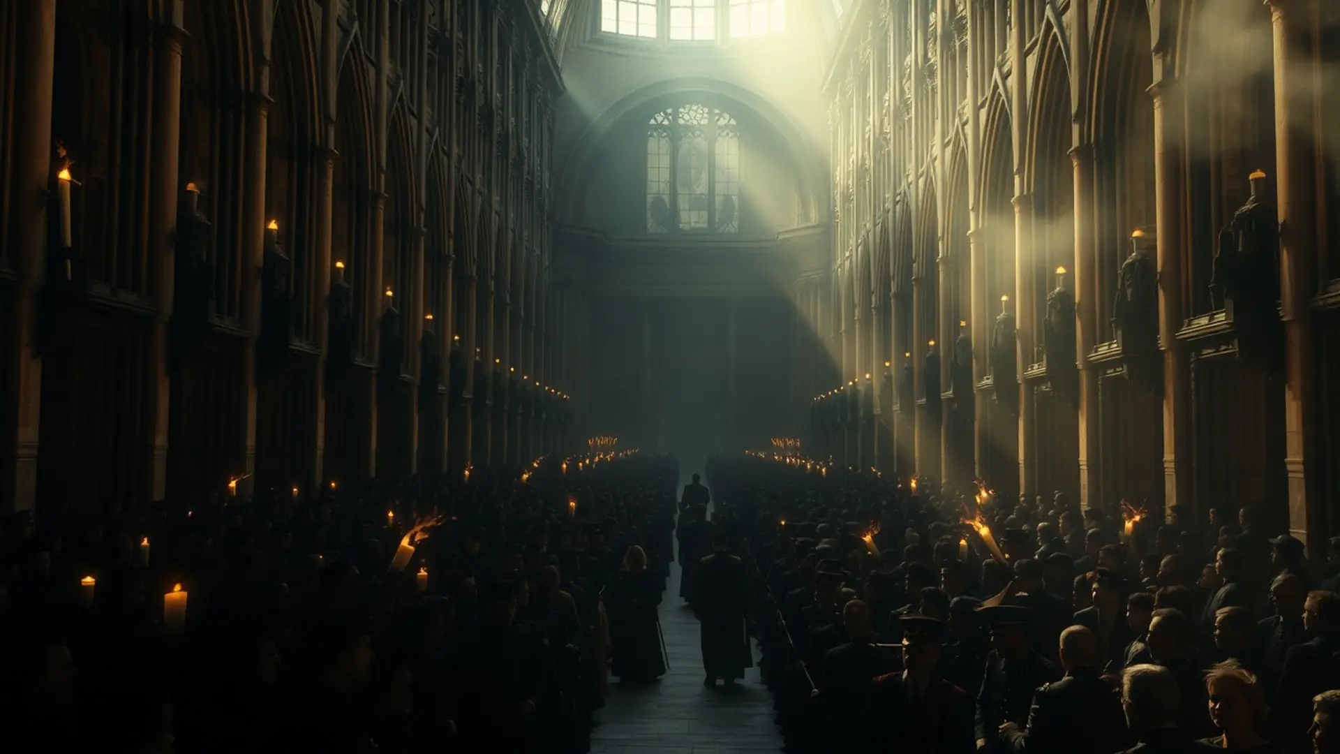 Painted scene of a candlelit crowd inside a vast cathedral in the Napoleonic era