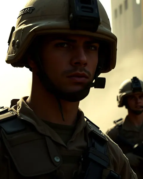 Painted portrait of soldiers in helmets on patrol in a sunlit street during the Iraq War
