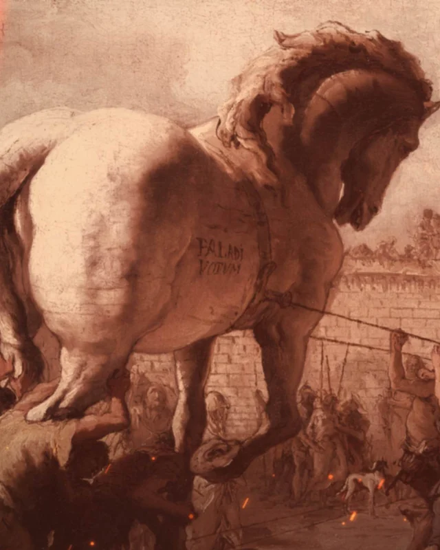Painted scene of the wooden Trojan Horse outside the walls of Troy, from The Wars Of History podcast art