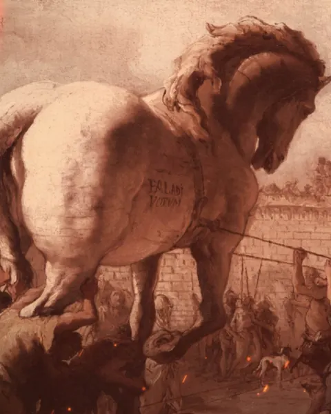 Painted scene of the wooden Trojan Horse outside the walls of Troy, from The Wars Of History podcast art