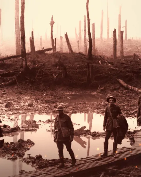 Painted scene of soldiers crossing a shattered World War I battlefield, from The Wars Of History podcast art